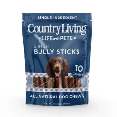 Country Living 6&rdquo; Bully Sticks for Dogs &ndash; Standard &ndash; 10 Count Bag &ndash; All-Natural, Single-Ingredient, Long-Lasting Dog Chews