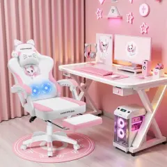 Hoffree Cute Pink Gaming Chair Girls Ergonomic Desk Chair with Footrest & Massage Lumbar