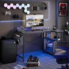 Itopfox L-Shaped Computer Desk with Power Outlets, Reversible Shelves, Gaming & Study Writing Table for Home Office, Bedroom, Living Room, Black