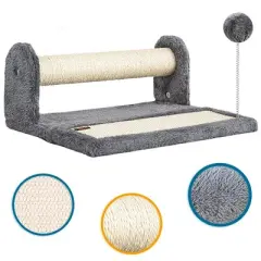 PAWBEE Cat Scratching Post & Scratching Pad &ndash; 14.5&rdquo; Cat Post & Scratching Board With Soft Play Ball Toy - Covered with Natural Sisal Rope