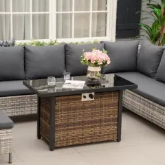 Outsunny 43in Outdoor Propane Gas Fire Pit Table, 50,000 BTU Auto-Ignition Wicker Gas Firepit with Glass Wind Guard, Blue Glass Rock, Brown