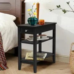 Costway 3-Tier Side End Table with Drawer Double Shelf Narrow Nightstand Espresso\Black