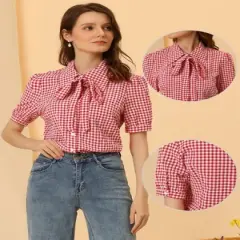 Allegra K Women's Plaid Blouse Bow Tie Neck Puff Short Sleeve Gingham Shirt