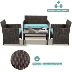 FIONECA Deluxe 4-Piece Patio Furniture Set &uml;C Brown Rattan Outdoor Conversation Set with Navy Blue Cushions & Table