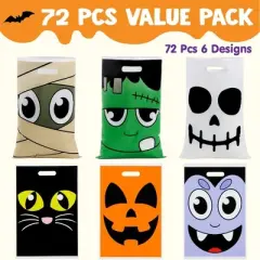 Joyfy Halloween Party Favors 72 Pcs Plastic Halloween Trick or Treat Goodie Bag Kids Candy Bag Snacks Bags for Halloween Gifts Event Classroom Prizes