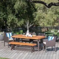 Christopher Knight Home Okane Outdoor Wicker and Acacia Wood 6 Piece Dining Set with Bench