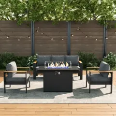 LayinSun 4 Pieces Aluminum Outdoor Patio Furniture Set with Fire Pit Table, Outside Metal Patio Conversation Sets with Deep Seating and Thick Cushions