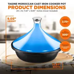 NutriChef Cast Iron Moroccan Tagine - 2.75 Quart Tajine Cooking Pot with Stainless Steel Knob, Enameled Base, Cone-Shaped Enameled Lid