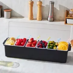 VEVOR Chilled Condiment Server, 6 Compartment Ice Cooled Condiment Serving Container, Chilled Garnish Tray Bar Caddy with Lid, Black