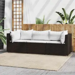 vidaXL - 3 Piece Patio Lounge Set with Brown Poly Rattan + Cushions, Powder-Coated Steel Frame, Modular Design, Padded Comfort, Easy Assembly