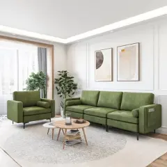 Costway Modern Modular 3-Seat Sofa Couch w/ Side Storage Pocket & Metal Legs Army Green
