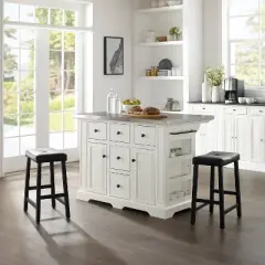 Julia Stainless Steel Top Kitchen Island with 2 Upholstered Saddle Counter Height Barstools White - Crosley