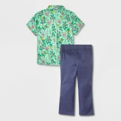 Toddler Boys' Adaptive 2pc Floral Printed Woven Short Sleeve Shirt and Pants Set with Bowtie - Cat & Jack&trade; Green 