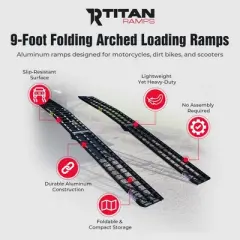 Titan Ramps 2 Pack 9 Foot Folding ATV Loading Ramps, Arched Aluminum Design, Portable and Heavy Duty with 1,200 Pound Weight Capacity, Black