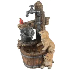 LuxenHome Resin Puppies and Water Pump Outdoor Fountain with LED Light