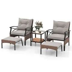 Costway 5 PCS Patio Furniture Set with 2-Tier Coffee Table & 2 Ottomans Cushions Included