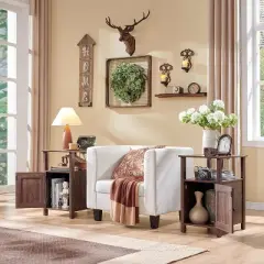 SinCiDo Farmhouse Set of 2 Nightstands w/Charging Station, Wood End Table with Barn Door & Open Shelves for Bedroom, Living Room