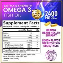 Omega 3 Fish Oil Triple Strength 2400 mg Softgels, Omega-3 Supplements, Natural Heart Health Brain & Joint Support - 60 Softgels By Hello Lovely!