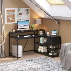 Tribesigns Reversible L-shaped Computer Desk with Drawer, Corner Desk Table with Storage Shelves and Monitor Stand for Home Office