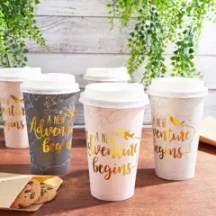 Sparkle and Bash 48-Pack Insulated Coffee Cups with Lids Disposable, Gold Foil Print, New Adventure Themed (16 oz)