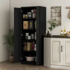 Yukimo 63" Cinnamon Black Wood Grain Kitchen Pantry, Freestanding Cabinet with 2 Adjustable Shelves, Elegant Handles, Anti-Tipping Safety Feature