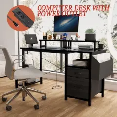 PAGED Computer Desk with Drawer and Power Outlets, 47" Office Desk with 2 Monitor Stands and Fabric Cabinet, with Shelves and Hooks, Rustic Brown