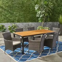 Christopher Knight Home Dane Outdoor Wicker and Acacia Wood 7 Piece Dining Set with Cushion, Teak/Multibrown