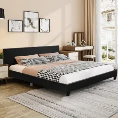 Costway Queen Upholstered Platform Bed Frame with Linen/PU Headboard Wood Slat Gray/Black