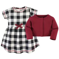 Touched by Nature Baby and Toddler Girl Organic Cotton Dress and Cardigan 2pc Set, Black Plaid