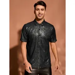 INSPIRE CHIC Men's Button Down Short Sleeve 70s Disco Metallic Sequin Shirts
