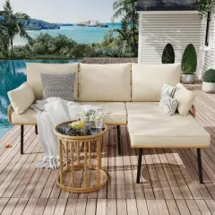 Modern 3-Piece Outdoor Sectional Couch, Wicker Patio Conversation Set with Washable Cushions, Detachable Lounger, and Round Coffee Table, Beige