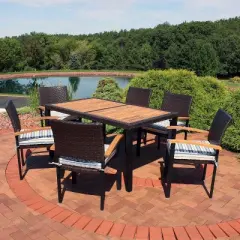 Sunnydaze Outdoor Rattan and Acacia Wood Carlow Patio Dining Set with Table, Chairs, and Seat Cushions - 7pc