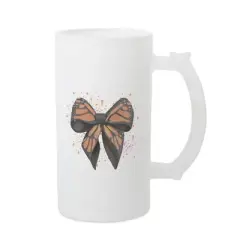 Elanze Designs Freezable Beer Stein Mug With Thumb Grip Handle, 16 Ounce Frosted Glass, Orange Monarch Bow