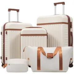 MOEPISY Luggage Set 5 Piece, Hardside Carry on Suitcase, Expandable Luggage with Travel Bags Spinner Wheels TSA Lock Brown+White