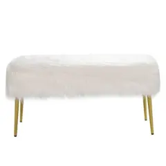 Costway Fauxfur Ottoman Bench Modern Vanity Bench Stool w/ Golden Legs White\Pink