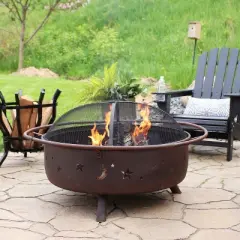 Sunnydaze Outdoor Camping or Backyard Steel Round Cosmic Fire Pit with Spark Screen and Log Poker - 41.5" - Black
