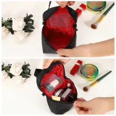 Unique Bargains Women's Handhold Portable Large Capacity Makeup Bag Black Red 1 Pc