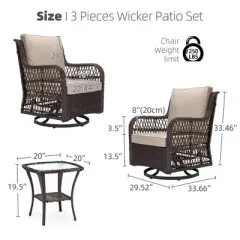Outdoor Wicker Bistro Set with 2 Swivel Rocking Chairs and Glass Table, Patio Furniture for Deck, Balcony, Garden