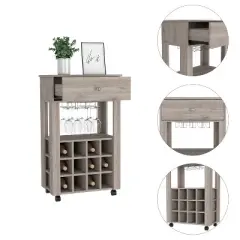 Gulches Light Gray Bar Cart with Wine Rack & Glass Holder