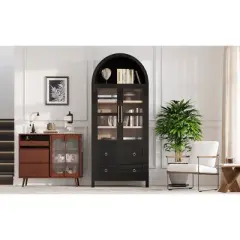 ORRD 71" Black Arched Pantry Cabinet with 2 Drawers & Glass Door, Adjustable Shelves, Farmhouse Kitchen Storage for Dining Room