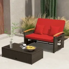 Tangkula Patio Rattan Daybed Set w/ Cushioned Loveseat & Storage Ottoman