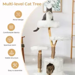 Sandinrayli Cloud Cat Tree Tower, Solid Natural Wood Branches, White