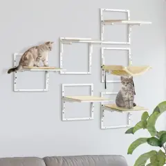 Multipet 6-pcs Modern Cat Wall Shelves for Indoor Cats, Height Adjustable Jumping Platforms & Cat Hammock