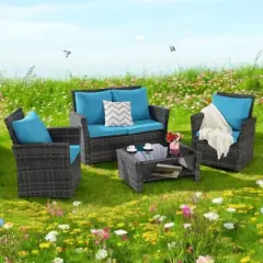 Mshliw 4-Piece Outdoor Patio Furniture Set, Garden Wicker Sofa with Tempered Glass Coffee Table, Poolside Lawn Chairs, Cushions, Modular Design