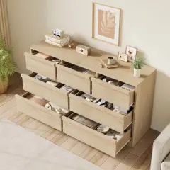 Garvee 7 Drawer Dresser for Bedroom, Natural Double Dresser Organizer with Concave Handles, Modern Chest of Drawers for Bedroom, Living Room, Nursery
