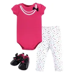 Little Treasure Baby Girl Cotton Bodysuit, Pant and Shoe 3pc Set, Party Pearls