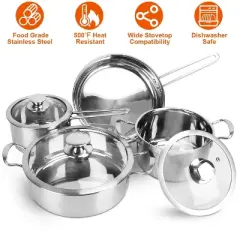 KTMBDW Stainless Steel Cookware Set, Even Heat Induction Pots Pans Set Dishwasher Safe with 2.7/3.7 Quart Stockpot 2 Quart Saucepan 9.17in Frying Pan
