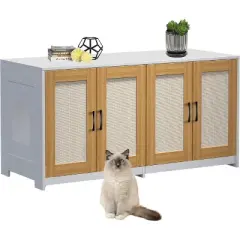Acekool Double Room Litter Box Enclosure for 2 Cats, 47.2" Hidden Cat Litter Cabinet with Sisal Doors, Sliding Drawers, Indoor Cat House, White
