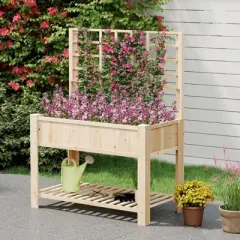 Tangkula Raised Garden Bed w/ Trellis Wooden Elevated Planter Box w/ Legs & Liner Natural
