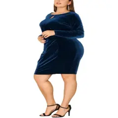Agnes Orinda Women's Plus Size Long Sleeve Velvet Bodycon Ruched Cocktail Party Dress